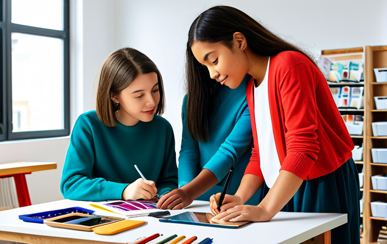 **
"Four fully clothed young girls, diverse ethnicities, are gathered around a table in a bright, modern studio. They are designing clothes and accessories with fabrics and tablets. The studio is colorful and filled with art supplies. Emphasis on friendship and collaboration. Safe for work, appropriate content, family-friendly, professional illustration, perfect anatomy, well-formed hands, natural proportions, modest clothing, soft lighting."
**