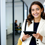 **

"A professional young woman, fully clothed in a stylish, modest business casual outfit appropriate for a modern office in Madrid, Spain. She is smiling confidently and holding a tablet. The background includes blurred office workers and modern decor. Safe for work, appropriate content, family-friendly, perfect anatomy, natural pose, well-formed hands, proper finger count, professional photography, high quality."

**