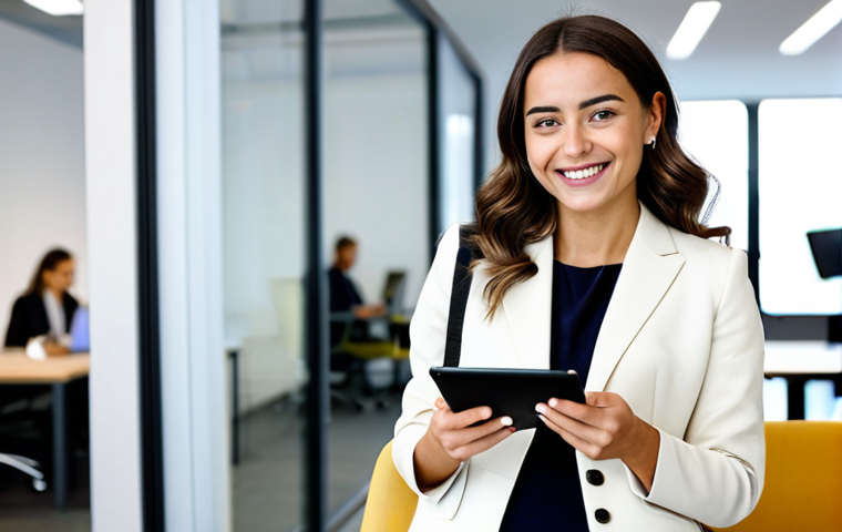**
"A professional young woman, fully clothed in a stylish, modest business casual outfit appropriate for a modern office in Madrid, Spain. She is smiling confidently and holding a tablet. The background includes blurred office workers and modern decor. Safe for work, appropriate content, family-friendly, perfect anatomy, natural pose, well-formed hands, proper finger count, professional photography, high quality."
**